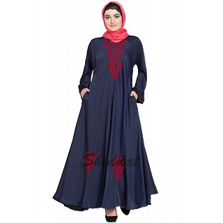 Embroidered Umbrella cut Nida abaya- Navy blue-Red